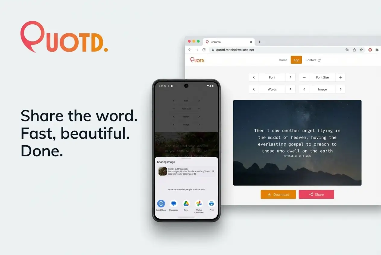 Quotd app mockup showing web and mobile versions, with text 'Share the word. Fast, beautiful. Done.